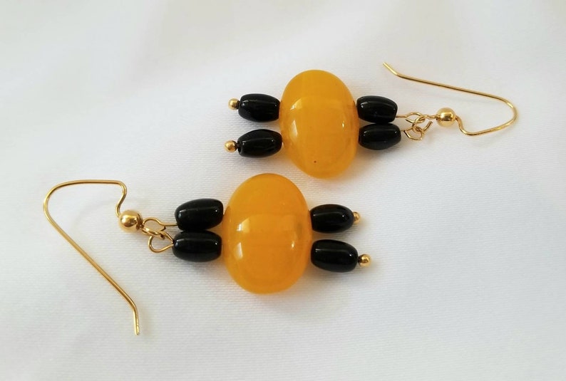 Upcycled! Black and Butterscotch Vintage Mardi Gras Glass Bead Earrings Gold-Plated Brass Angular Ear Wires New Orleans