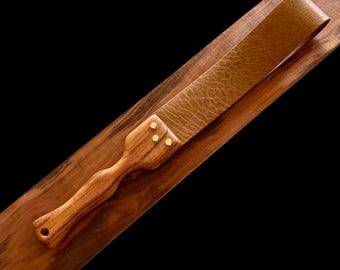 The Luxury Loop in American Bison - 2.5-inch Wide Leather Spanking Strap - Caramel Bison Leather with Tigerwood Handle - Adults Only