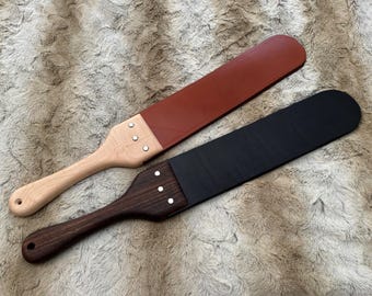 Double Trouble: 3.5" Wide 2-Layer Leather Slapper Strap with Hardwood Handle (Black or Chestnut)