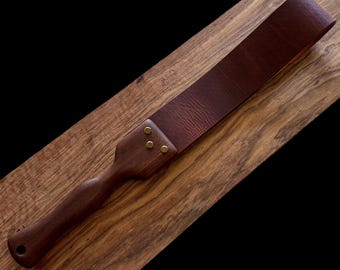 Quality Spanking Strap  - 2.5-inch Wide Leather Belt Style Spanking Strap - Luxury Leather with Tropical Walnut Handle - Adults Only