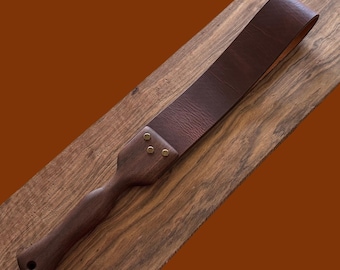 Candy Shop: Toffee Tortoise 2.5" Looped Spanking Strap (Brown Pull-Up Leather + Tropical Walnut Handle)