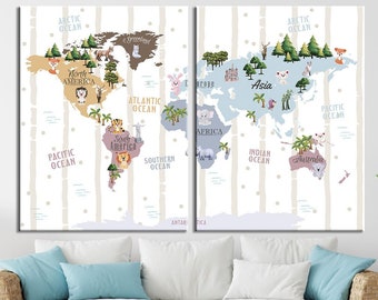 Kids decor Nursery wall art World map illustration Animal map of the world for children wall art White world map painting Framed photo print