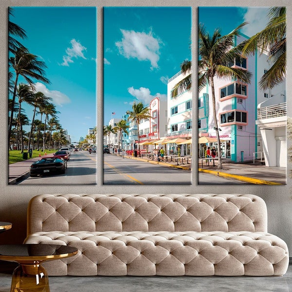 Miami Beach wall art Ocean drive print Florida wall decor USA downtown photo City landscape Miami Beach photo Travel multipanels canvas art