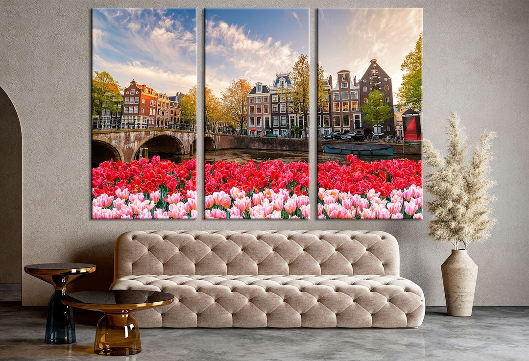 Amsterdam City Skyline Canvas Spring Tulip Flower Wall Art Netherlands ...