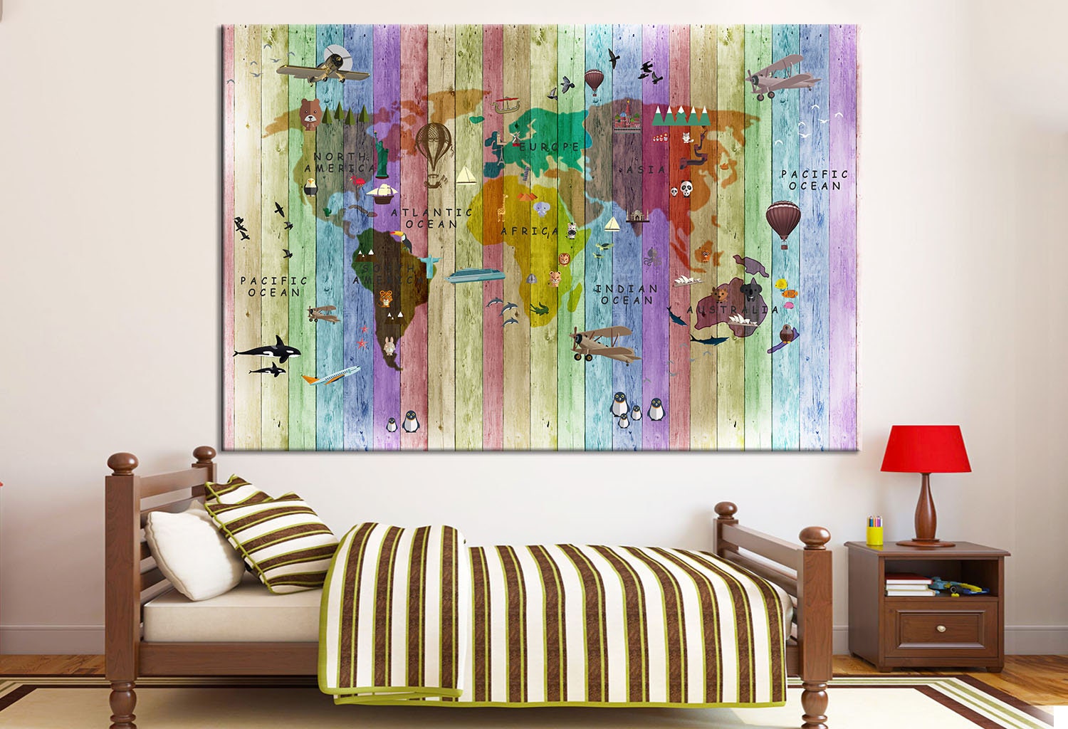 Coloured World Map Kids Decor Animal Map of the World for Children Wall