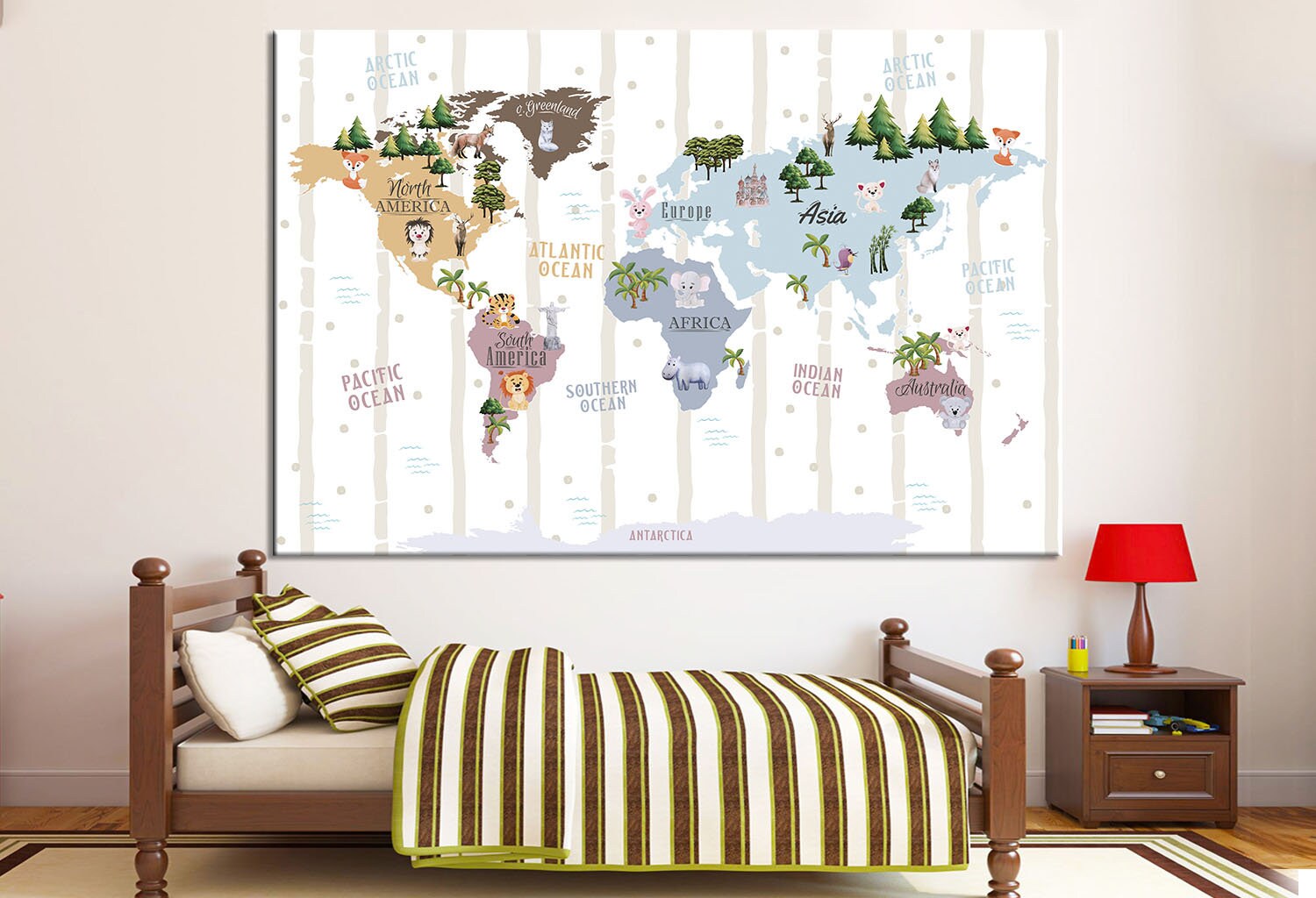 Kids Decor Nursery Wall Art World Map Illustration Animal Map of the