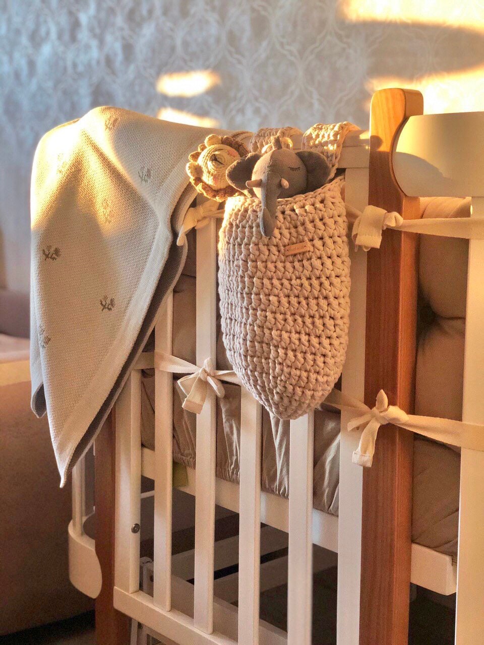 Crib hanging basket crochet storage pocket nursery toys Etsy