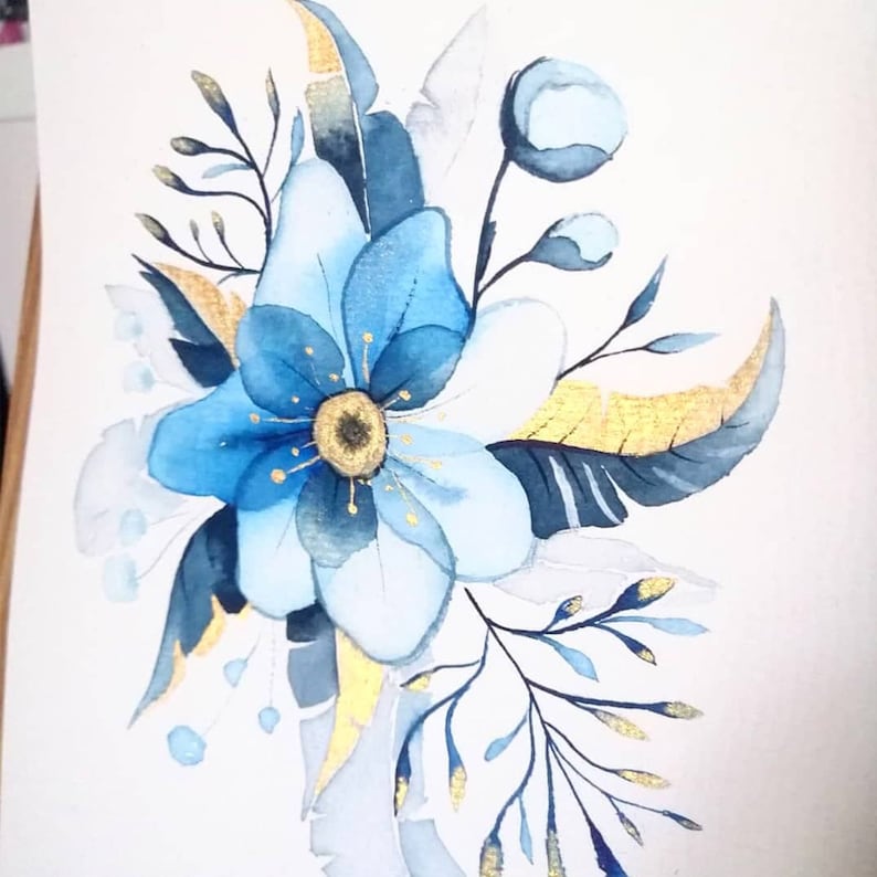 Blue and Gold Flowers Original Watercolor Painting Floral Etsy