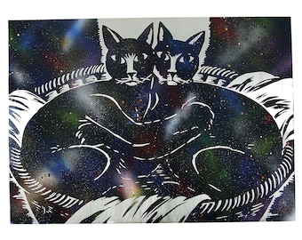 Frans Masereel Cats Wall Art. Luxury High Quality Engraved and Painted by Hand on Aluminum Metal. Framed. 20x28&quot;