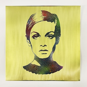 Twiggy Artwork. Pop Wall Art. Luxury High Quality Engraved by Hand on Copper Aluminum Brass Metal. Framed. 12x12&quot; or 20x20&quot; Great Gift