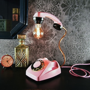 Telephone Retro Lamp, Pink, Vintage lighting, Retro decorations, Gift for Retro Lover, Phone light, Telephone light, Upcycle, Desk Lamp