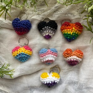LGBTQ Crochet Heart Keychain (lesbian, gay, bisexual, transgender, trans, queer, asexual, nonbinary, pansexual, cute, knit, love, rainbow)