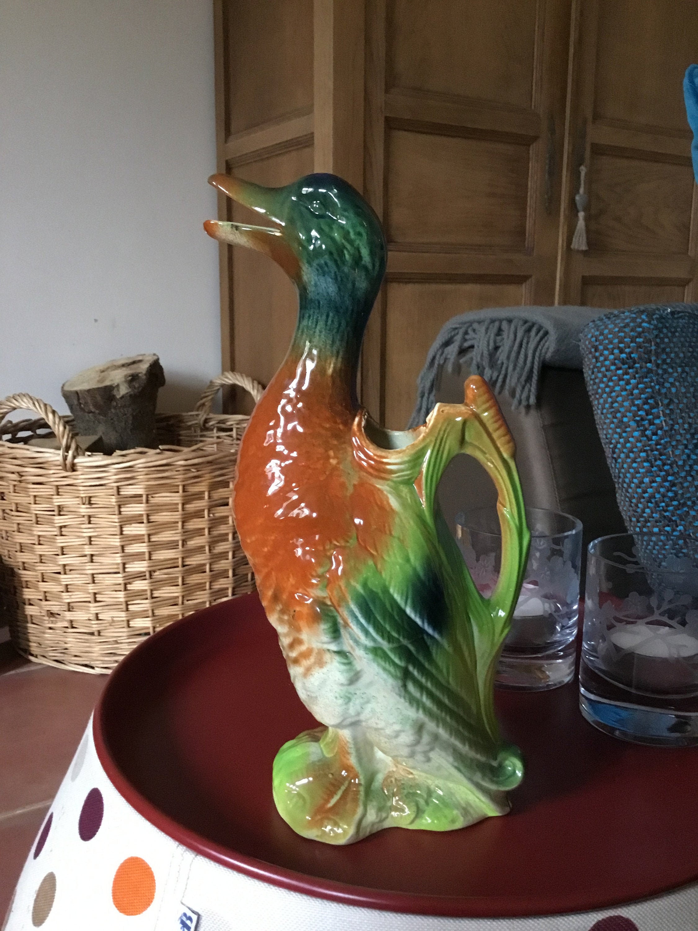 Mid Century Modern Français Vintage Majolika Absinthe Duck Jug de Saint Clement, Wine Decanter, Wate
