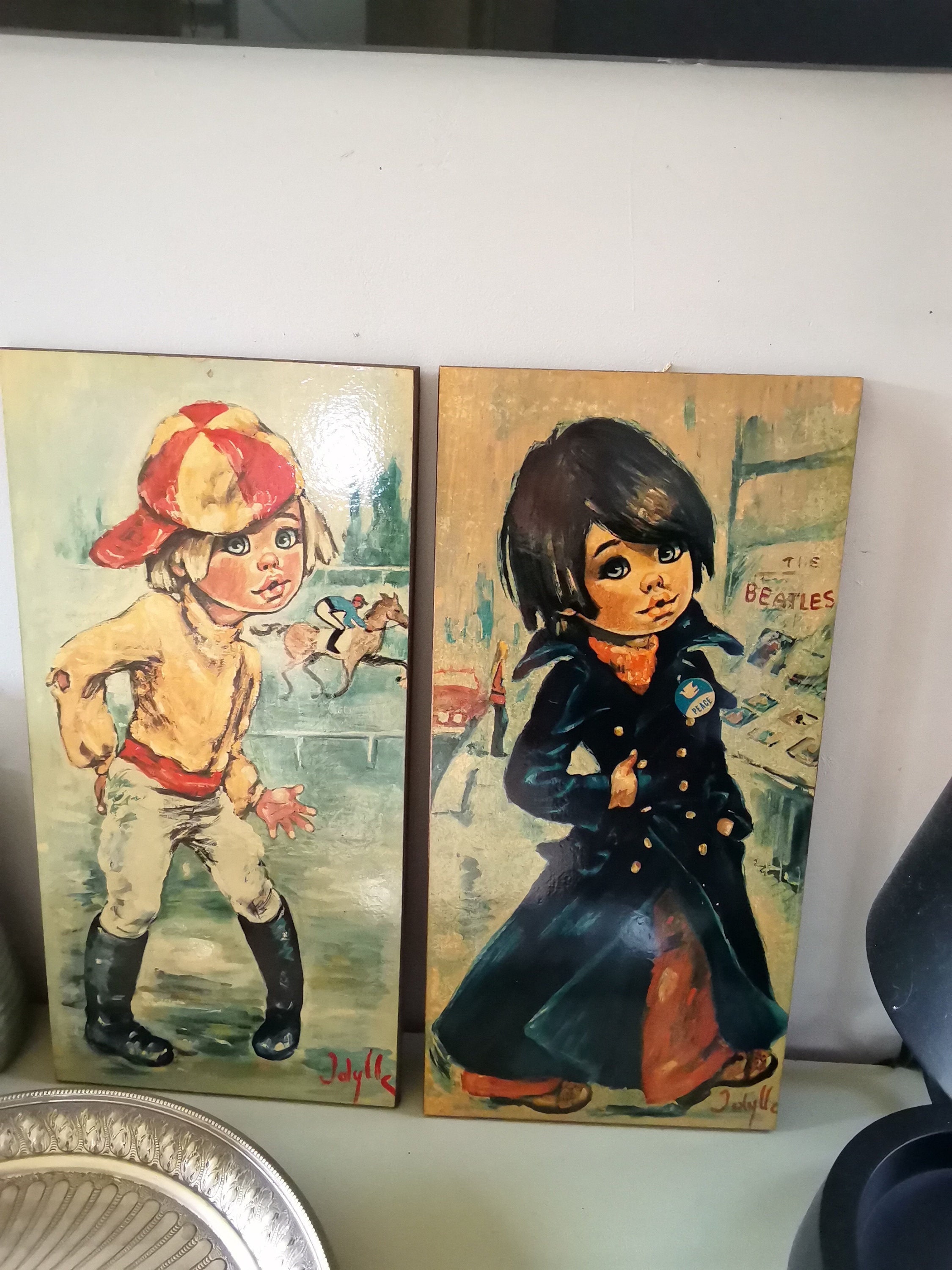 Vintage Big Eye Children Print On Board Par Jolylle Boy Jockey ou Beatles 20cmx39cm