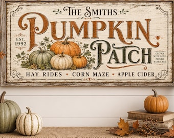 Cartello personalizzato per il campo di zucche, cartello autunnale personalizzato per la famiglia, decorazione autunnale in stile rustico, decorazione murale per il Ringraziamento, regalo rustico per la famiglia con il nome del raccolto