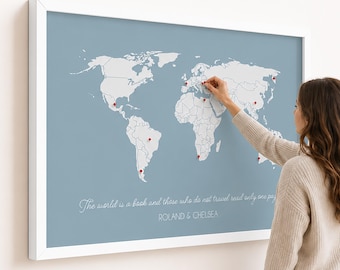 Framed Travel Map Canvas Print, Personalized Wedding Gift for Couples, First Anniversary Husband and Wife Gift, World Map Poster With Names