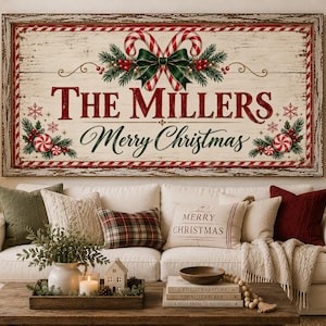 Könnte beinhalten: Ein rechteckiges Wandbild aus Holz mit weißer Used-Optik, das den Text The Millers und Merry Christmas in Rot und Grün zeigt. Das Design enthält Illustrationen von Zuckerstangen, Tannenzweigen, roten Beeren und Pfefferminzbonbons.