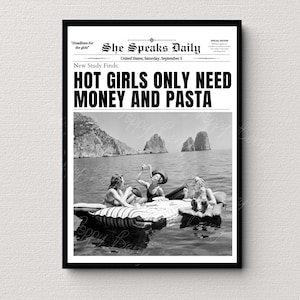 Newspapers Print, Women Eating Spaghetti On Lake, Hot Girls Poster, Retro Bar Cart, Magazine Cover Aesthetic, Girls Room decor, Photo Print