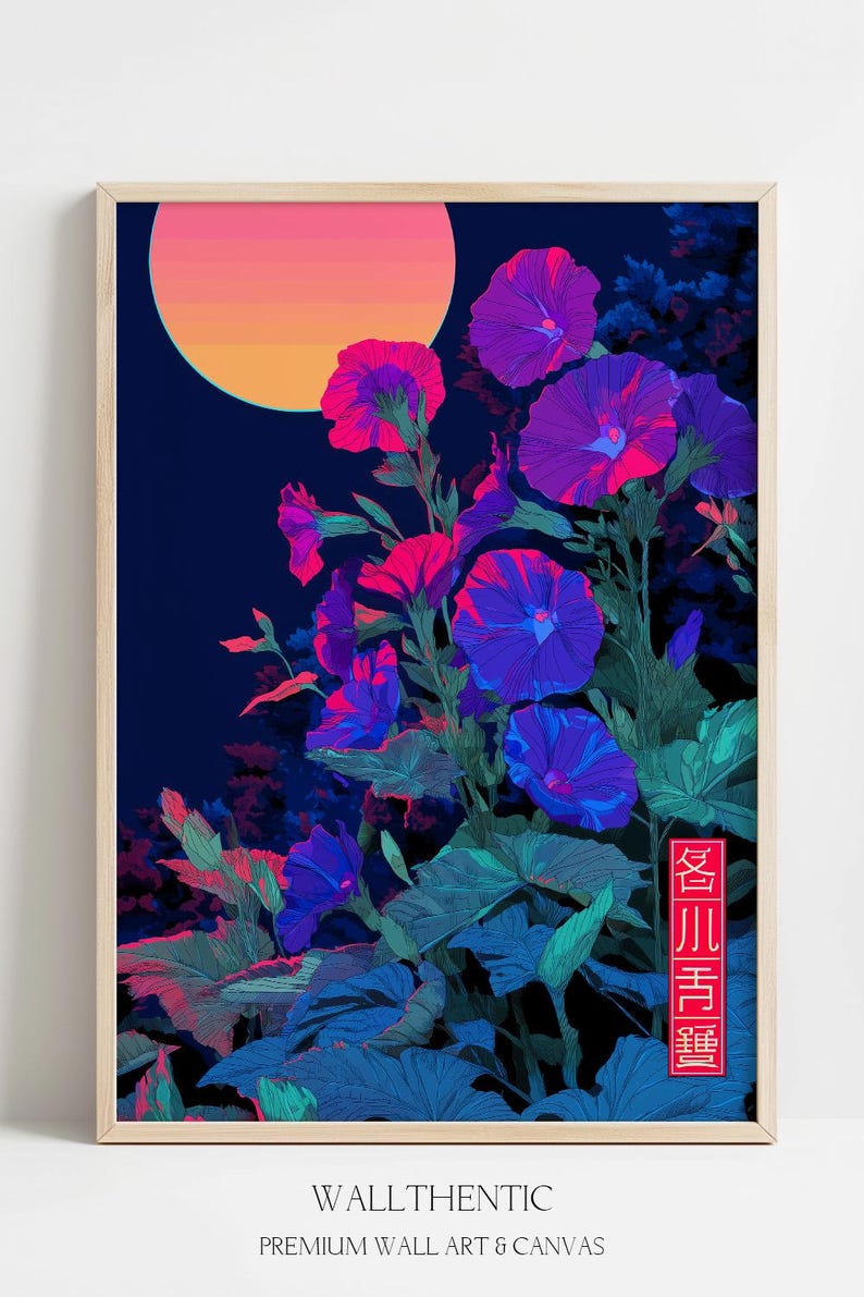 May include: A framed art print featuring vibrant purple and pink morning glory flowers against a dark blue background. A gradient orange and pink sun is in the upper left. The print includes Japanese text in a red box and the text "WALLTHENTIC".