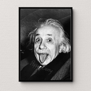 May include: Black and white portrait of Albert Einstein sticking his tongue out. The photo is signed "Poppy Berry" in the bottom right corner.