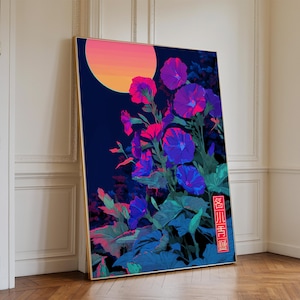 May include: A framed art print featuring a vibrant floral design. The artwork showcases purple and pink flowers with blue accents against a dark blue background. A gradient orange and pink sun is in the upper left corner. The frame is gold.