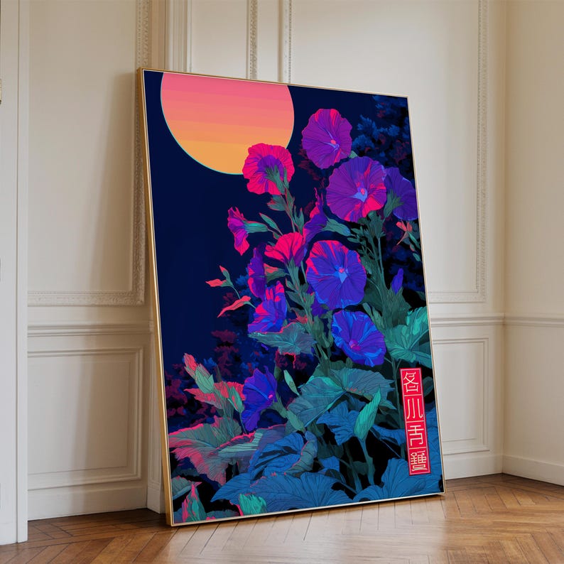 May include: A framed art print featuring a vibrant floral design. The artwork showcases purple and pink flowers with blue accents against a dark blue background. A gradient orange and pink sun is in the upper left corner. The frame is gold.