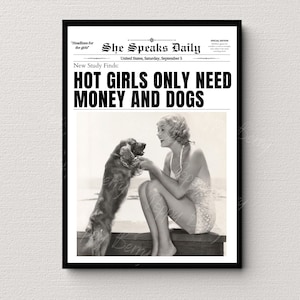 Newspapers Print, Money and Dogs, Dog Lover Gift, Hot Girls Poster, Retro Bar Cart, Magazine Cover Aesthetic, Girls Room decor, Photo Print