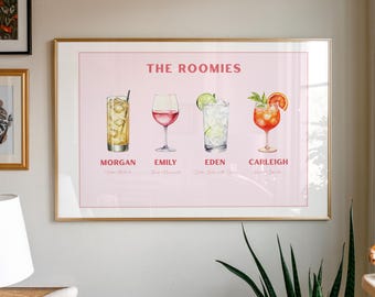Lámina rosa personalizada con diseño de bebida para compañeros de piso, compañeros de piso como bebidas, arte moderno para dormitorios de apartamentos, decoración para carritos de bar, póster de cócteles, arte de pared personalizado.