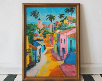Colorful Caribbean Town Print, Travel Lover Gift, Tropical Wall Art, Palm Tree Painting