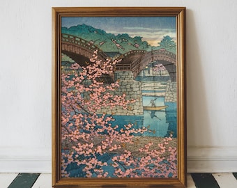 Spring evening at Kintai Bridge, Vintage Japanese Woodblock Prints, Cherry Blossoms Japan Decor