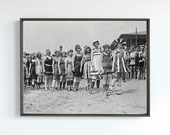 Desfile de playa, foto de playa vintage, decoración de casa de playa, impresión fotográfica, foto antigua, foto en blanco y negro, impresión fotográfica vintage, sin marco