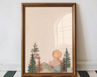 Watercolor Mountain Sunset Art Print, Nature Wall Decor