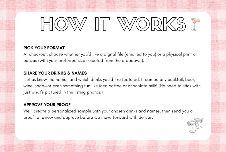 May include: A white card with black text detailing the process: pick a format, share drinks and names, and approve the proof. The card reads "HOW IT WORKS". The background is a pink and white gingham pattern.
