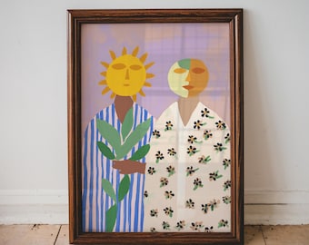 Sun & Moon Companions, Abstract Figurative Wall Art Print, Eclectic Wall Art, Surrealism Decor, Mystical Fantasy print, Maximalist Decor