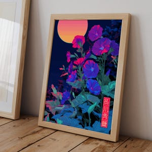 May include: A framed art print featuring a vibrant illustration of morning glory flowers in shades of purple, pink, and blue against a dark blue background. A gradient orange and pink sun is in the upper left corner. The artwork is in a light wood frame.