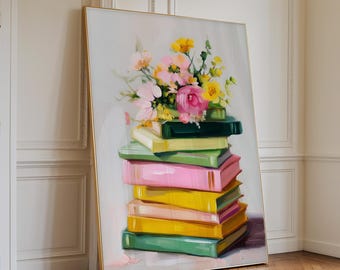 Stack of Books with Flowers Print, Book Lover Wall Art, Modern Still Life Poster, Cozy Literary Artwork, Reading Nook Decor