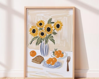 Sunflower and Oranges Painting Print, Flower Home Decor, Kitchen Wall Art