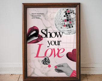 Show Your Love, Pink Wall Art, Lipstick Kisses, Aesthetic Wall Art, Pink Disco Ball Print,  Apartment Decor