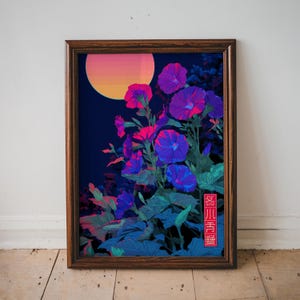 May include: A framed art print featuring vibrant purple and pink morning glory flowers against a dark blue background. A gradient orange and pink sun is in the upper left corner. The print has a wooden frame and includes Japanese text in a red box.