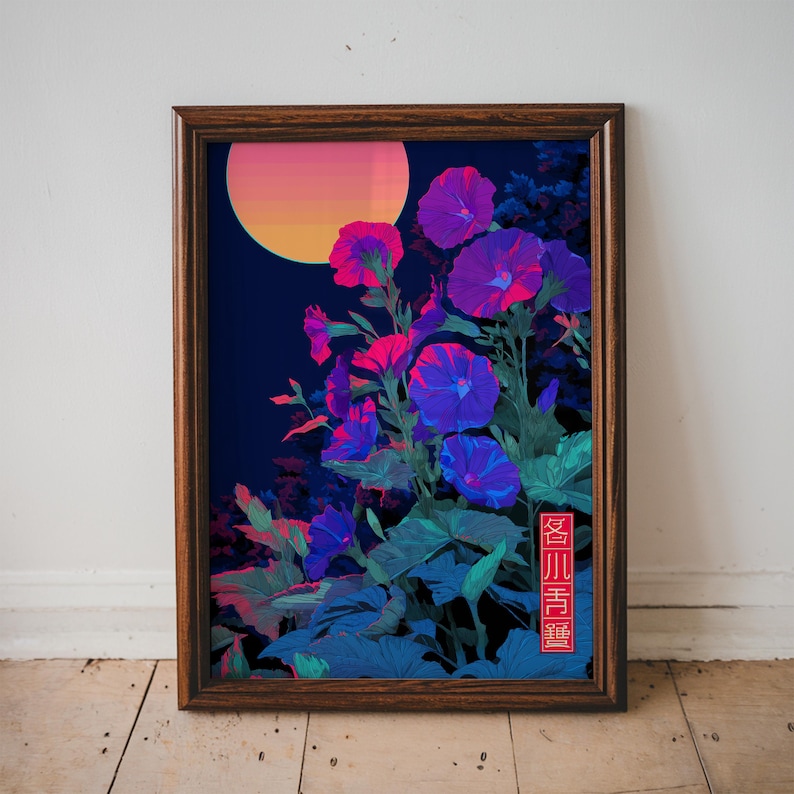 May include: A framed art print featuring vibrant purple and pink morning glory flowers against a dark blue background. A gradient orange and pink sun is in the upper left corner. The print has a wooden frame and includes Japanese text in a red box.