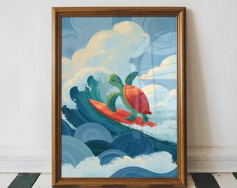 Surfing Sea Turtle Art Print, Funny Whimsical Wall Decor, Quirky and Whimsical Prints, Nursery Decor