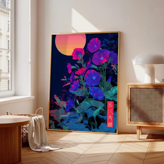 Japanese Cyberpunk Poster, Neon Botanical Wall Art Print, Blue and Pink Flower Moon Design, Futuristic Decor