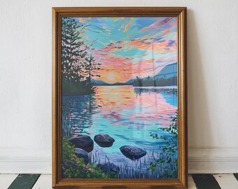 Lake At Sunset, Lakehouse Decor, Girly Aesthetic, Cozy Home Decor, Nature Lover Gift, Unframed