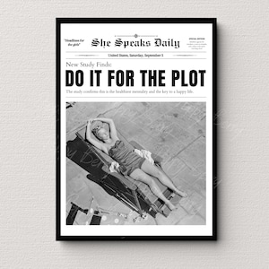 May include: A black and white newspaper clipping with the headline 