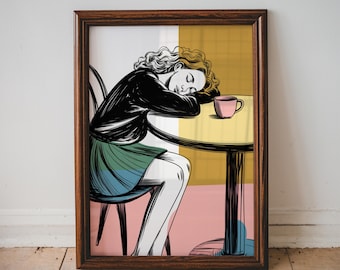 Sleepy Girl Cafe Wall Art Print, Coffee Lover Gift, Slow Mornings, Painting Wall Art, Minimalist Print Living Room Wall Art