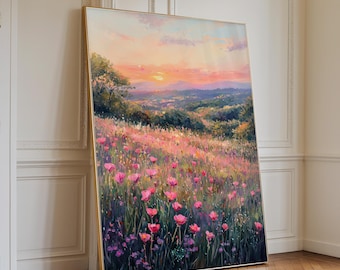 Wildflowers In A Meadow At Sunset, Peaceful Home Decor, Landscape Painting, Vintage Wall Art Print, Large Gallery Print