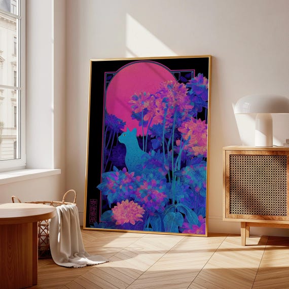 Japanese Cyberpunk Poster, Cat In Neon Botanicals Wall Art Print, Blue and Pink Gradient Moon Design, Futuristic Decor
