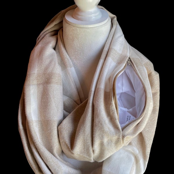 Luxuriously Soft Tan and Cream Infinity Scarf with Hidden Zipper Pocket