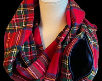 Red, green, blue, and yellow plaid infinity scarf with navy hidden zipper pocket