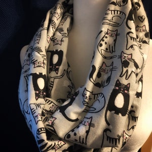 Gray Infinity Scarf with White and Black Cats and Hidden Zipper Pocket